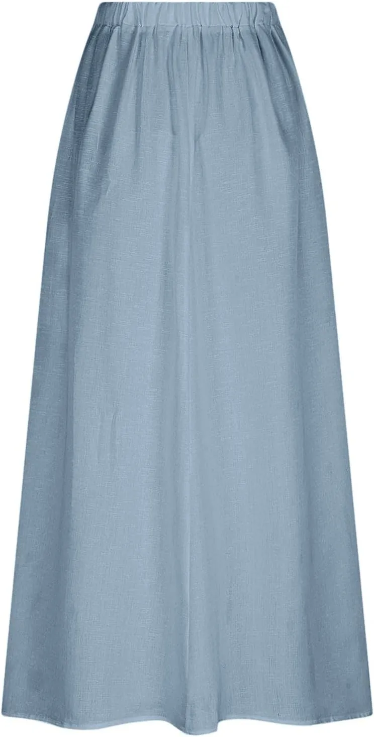 Women Linen Maxi Skirts Elastic Waist A-Line Long Skirt with Pocket Plus Size Summer Vacation Dress 2025 Trendy