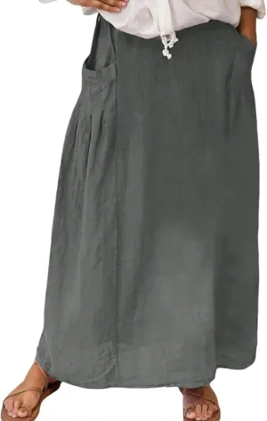 Women Linen Maxi Skirts Elastic Waist A-Line Long Skirt with Pocket Plus Size Summer Vacation Dress 2025 Trendy