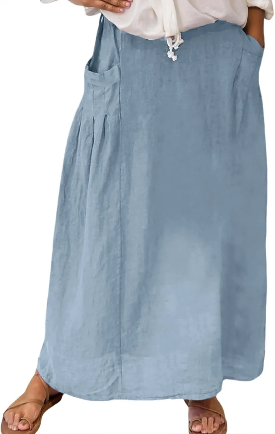Women Linen Maxi Skirts Elastic Waist A-Line Long Skirt with Pocket Plus Size Summer Vacation Dress 2025 Trendy