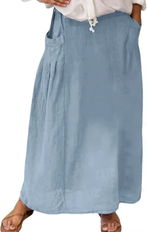 Women Linen Maxi Skirts Elastic Waist A-Line Long Skirt with Pocket Plus Size Summer Vacation Dress 2025 Trendy