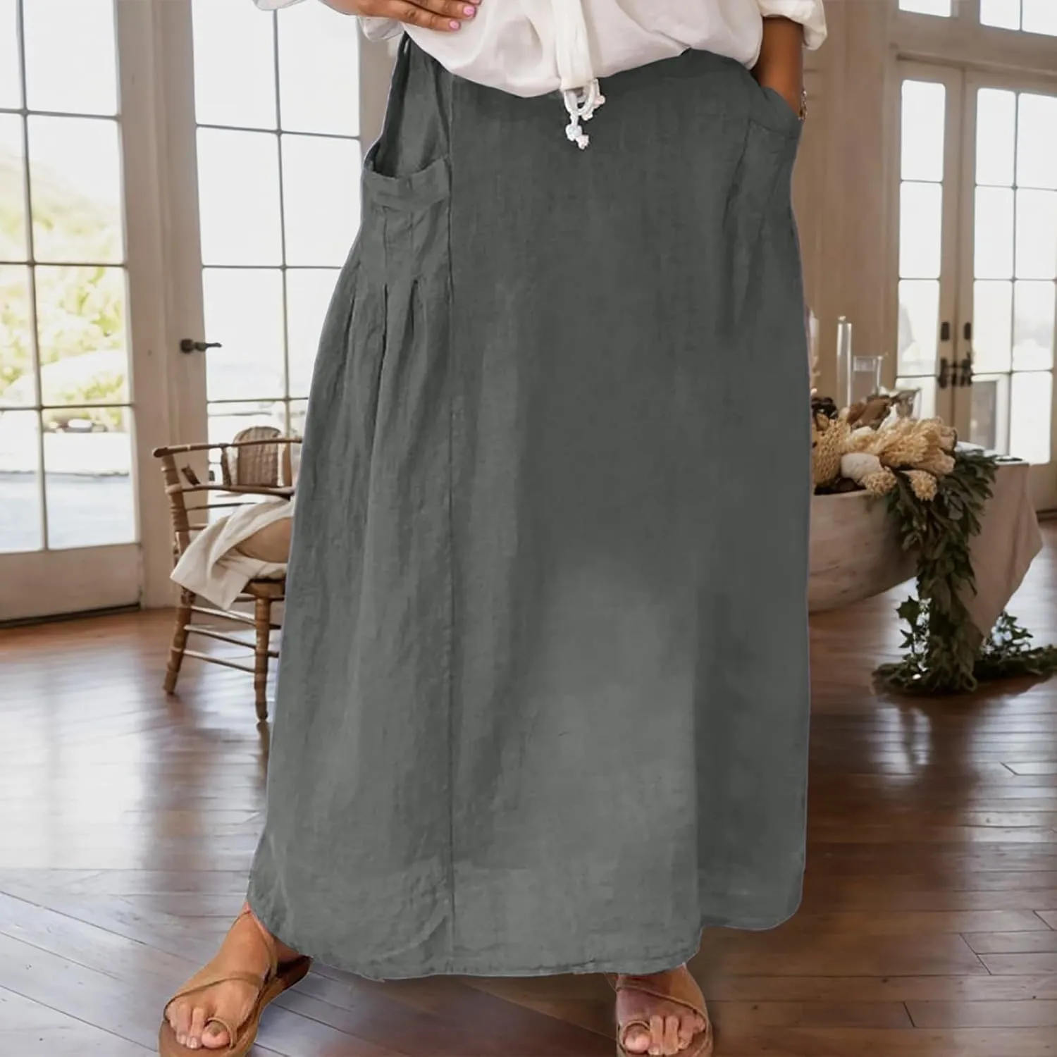 Women Linen Maxi Skirts Elastic Waist A-Line Long Skirt with Pocket Plus Size Summer Vacation Dress 2025 Trendy