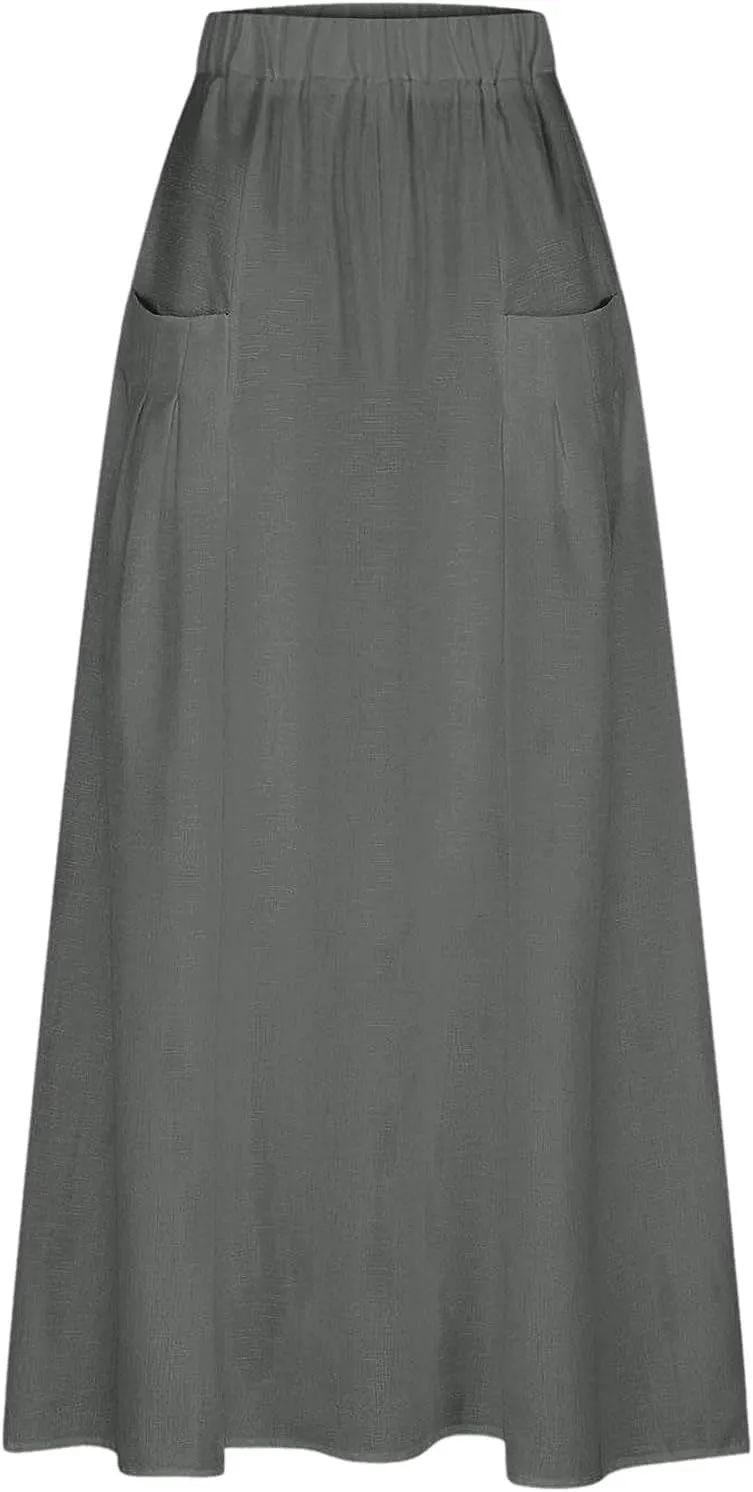 Women Linen Maxi Skirts Elastic Waist A-Line Long Skirt with Pocket Plus Size Summer Vacation Dress 2025 Trendy