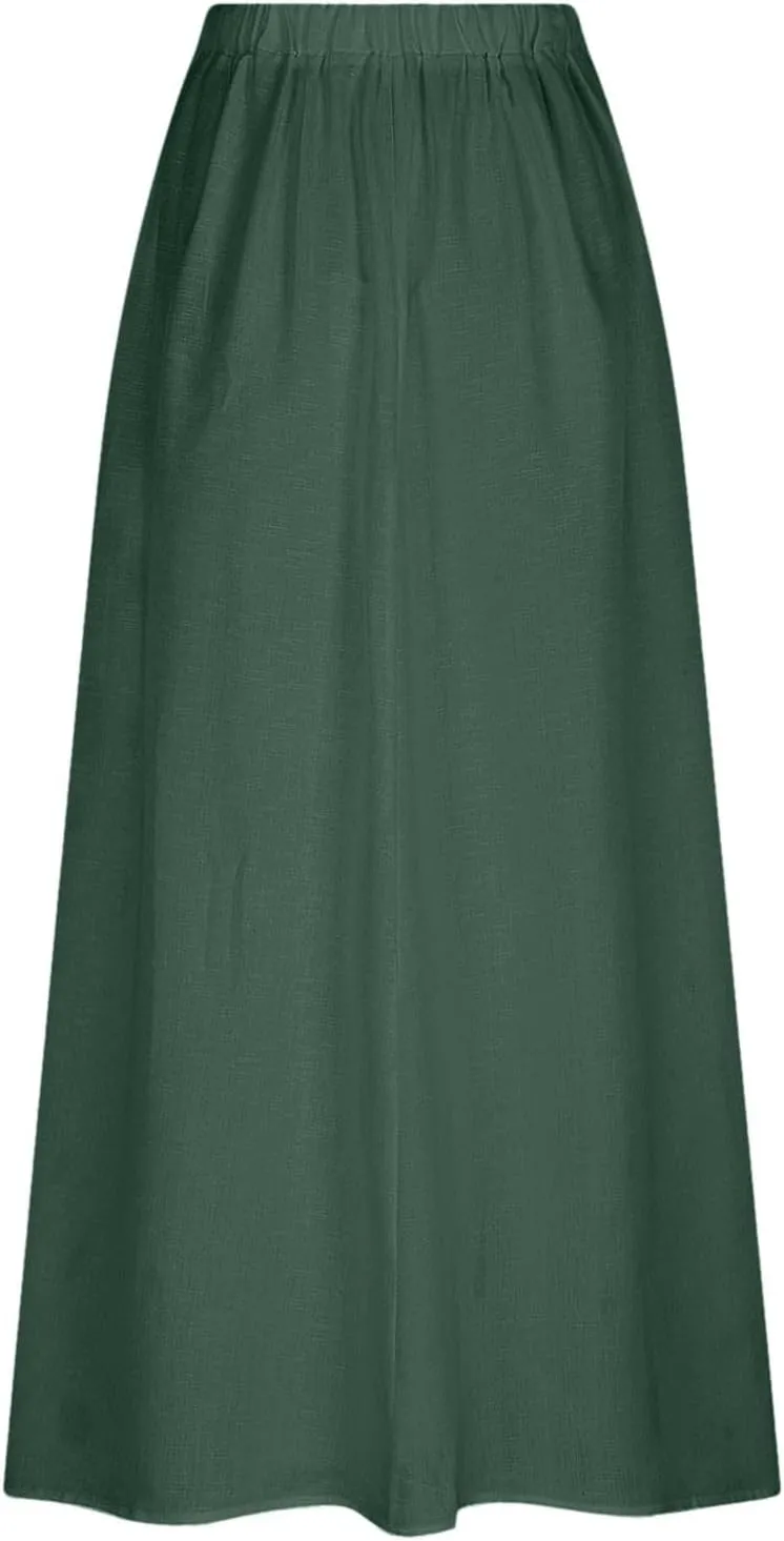 Women Linen Maxi Skirts Elastic Waist A-Line Long Skirt with Pocket Plus Size Summer Vacation Dress 2025 Trendy
