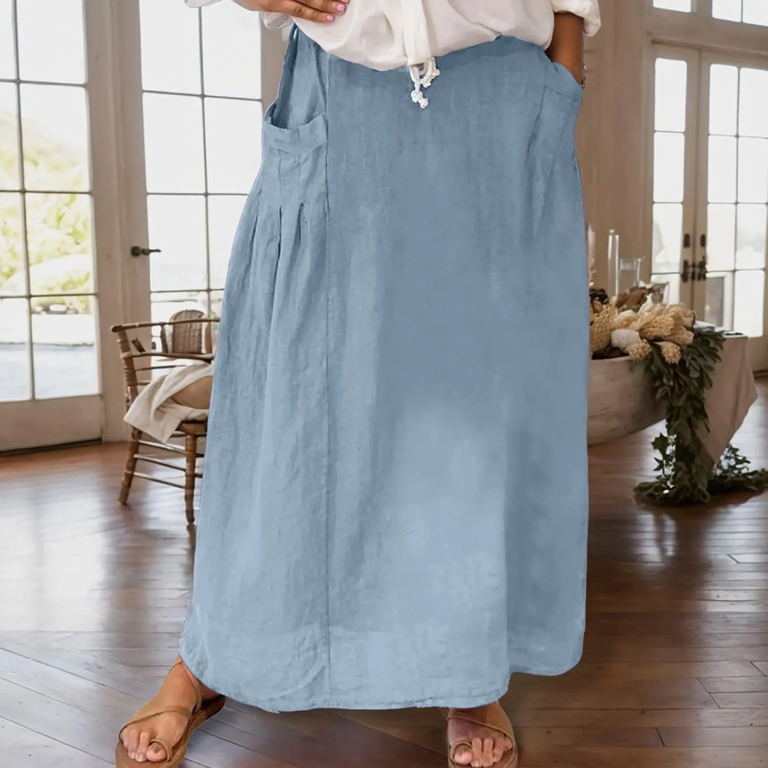 Women Linen Maxi Skirts Elastic Waist A-Line Long Skirt with Pocket Plus Size Summer Vacation Dress 2025 Trendy