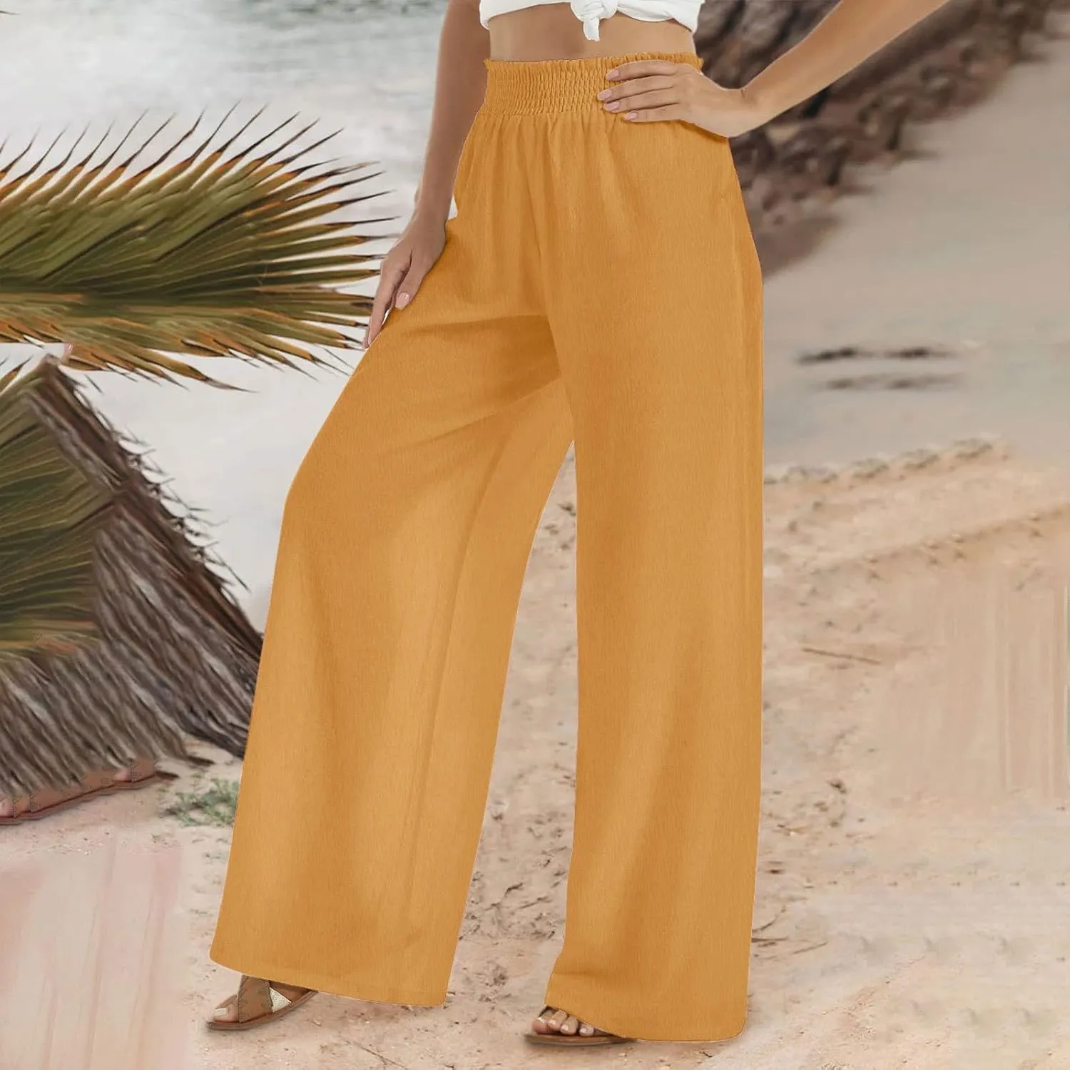 Women Linen Palazzo Pants Summer Boho Wide Leg Casual Pants Elastic Smocked Waist Lounge Pant Trousers with Pockets