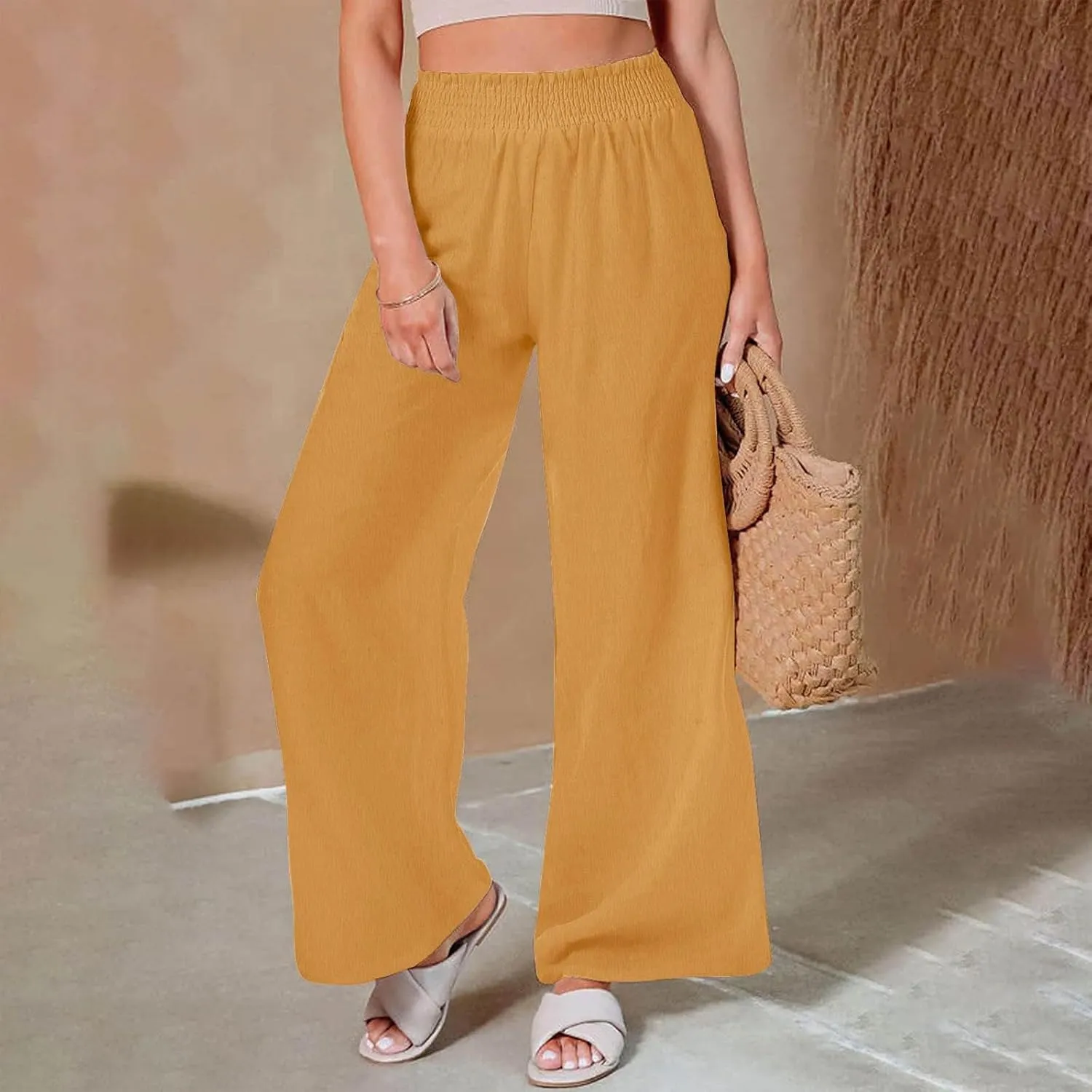 Women Linen Palazzo Pants Summer Boho Wide Leg Casual Pants Elastic Smocked Waist Lounge Pant Trousers with Pockets
