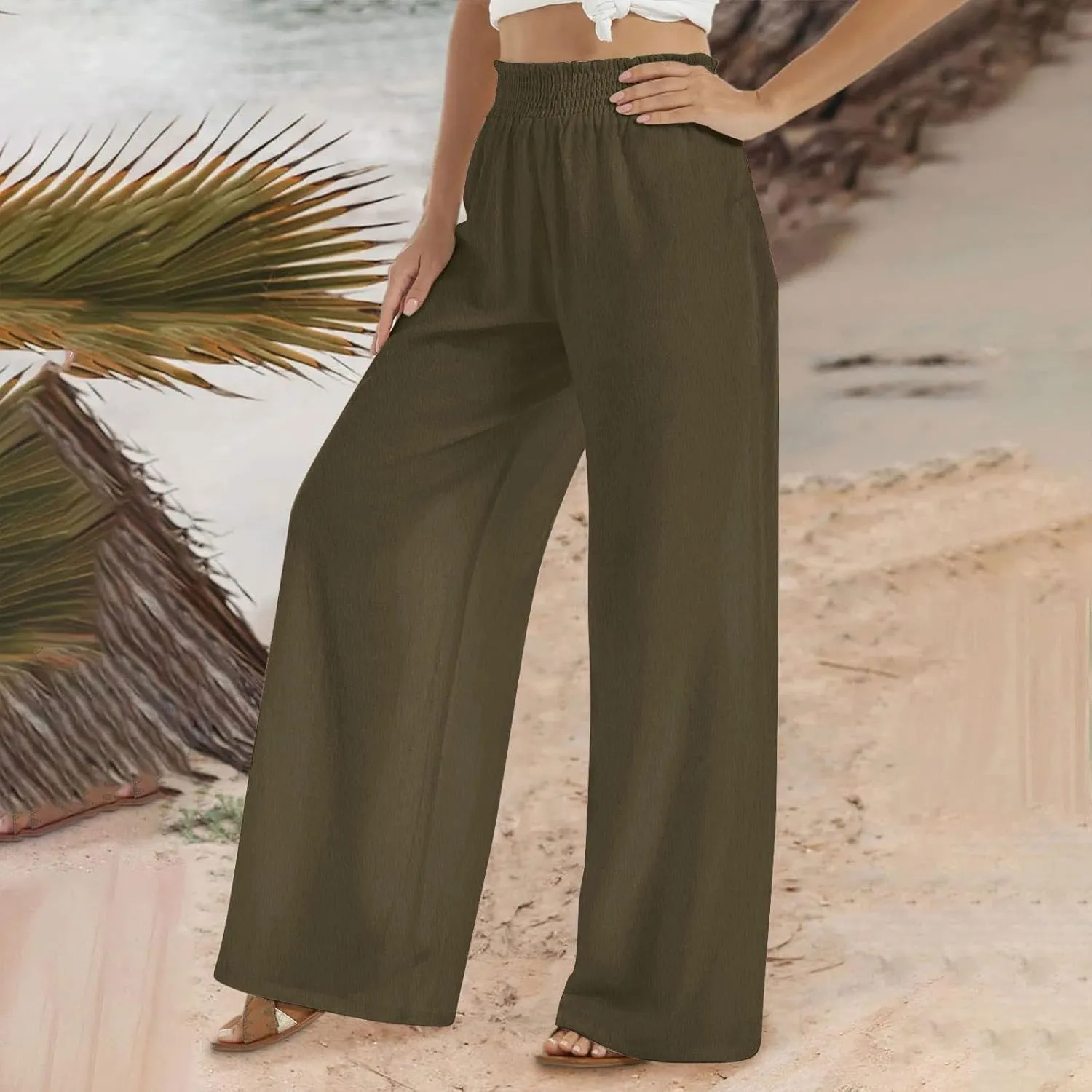Women Linen Palazzo Pants Summer Boho Wide Leg Casual Pants Elastic Smocked Waist Lounge Pant Trousers with Pockets