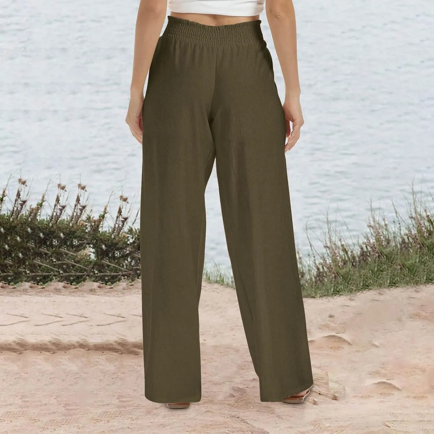 Women Linen Palazzo Pants Summer Boho Wide Leg Casual Pants Elastic Smocked Waist Lounge Pant Trousers with Pockets