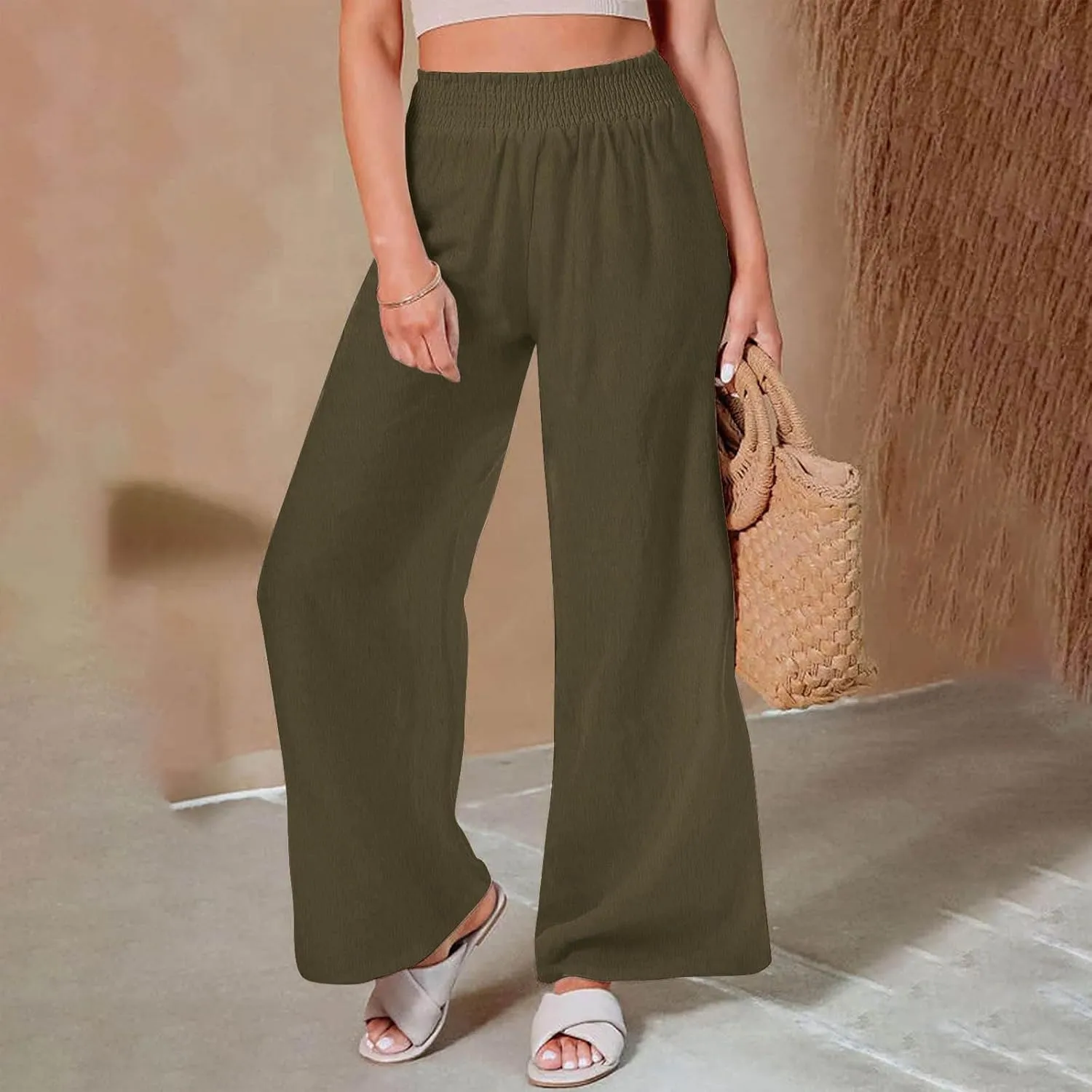 Women Linen Palazzo Pants Summer Boho Wide Leg Casual Pants Elastic Smocked Waist Lounge Pant Trousers with Pockets