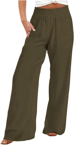 Women Linen Palazzo Pants Summer Boho Wide Leg Casual Pants Elastic Smocked Waist Lounge Pant Trousers with Pockets