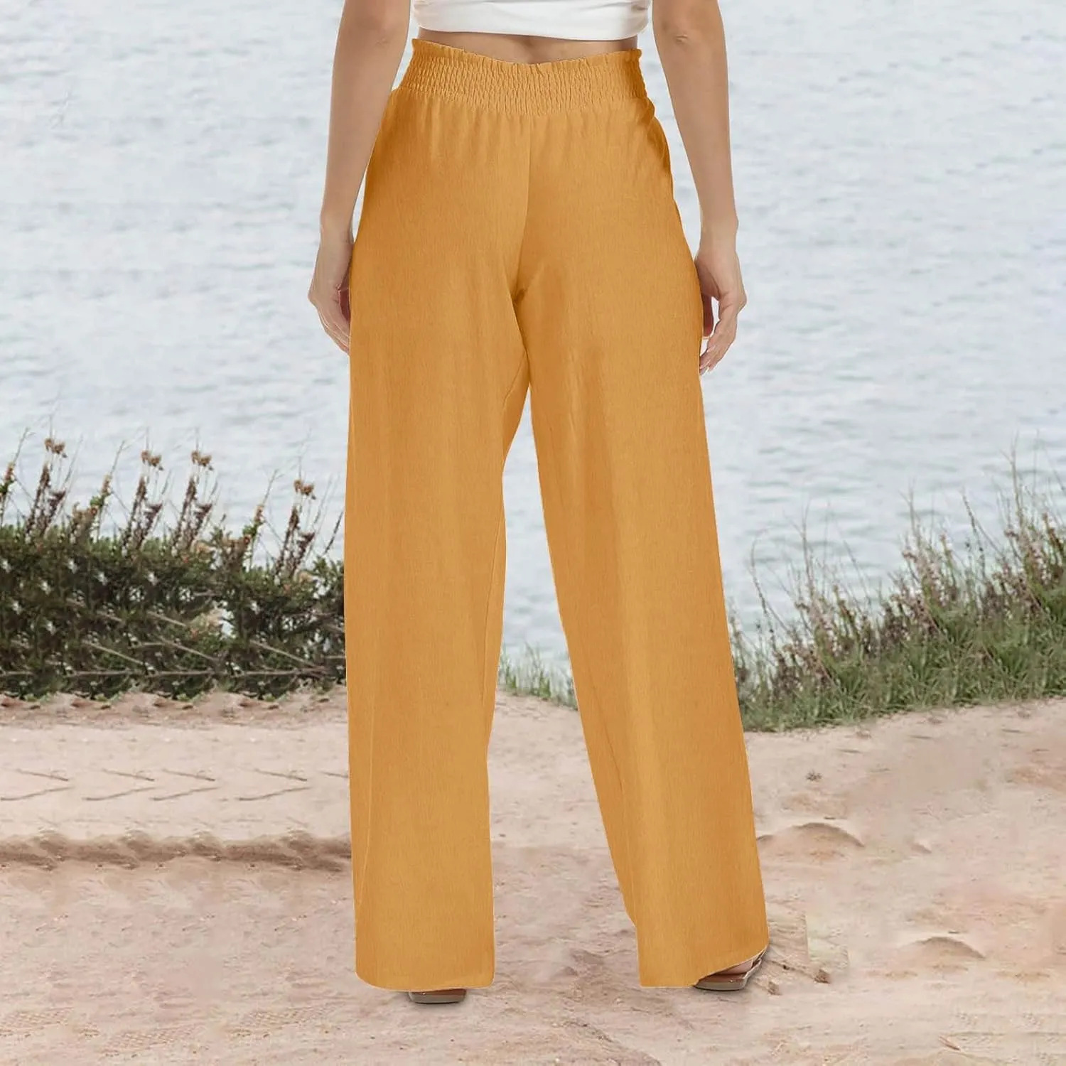 Women Linen Palazzo Pants Summer Boho Wide Leg Casual Pants Elastic Smocked Waist Lounge Pant Trousers with Pockets