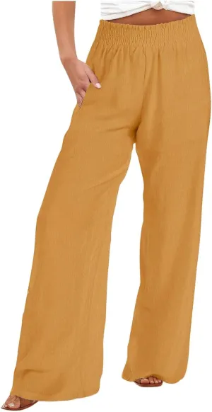 Women Linen Palazzo Pants Summer Boho Wide Leg Casual Pants Elastic Smocked Waist Lounge Pant Trousers with Pockets