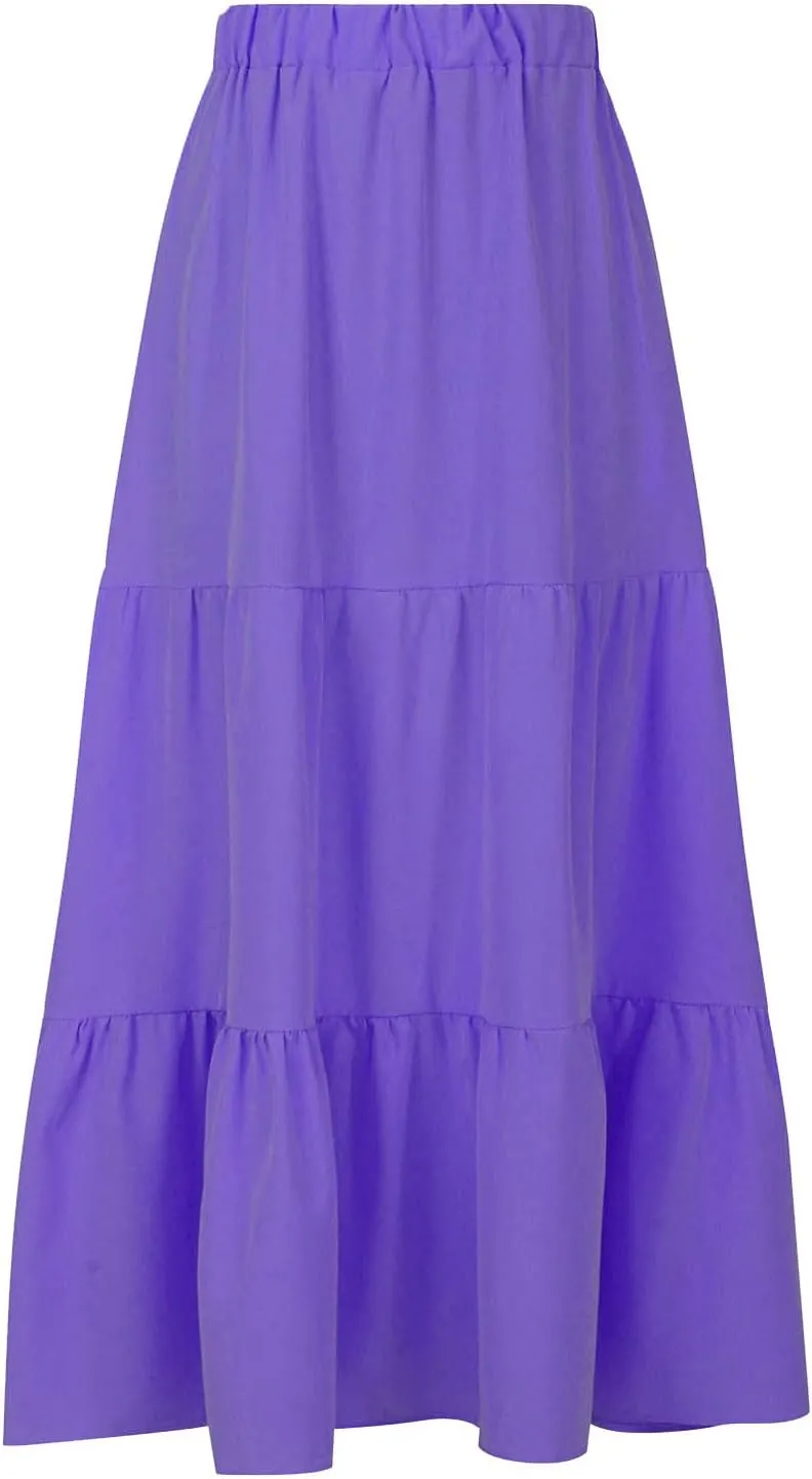 Women Maxi Boho Skirts Summer Trendy Beach Long Skirt Tiered Flowy Ruffle Skirts Casual Vacation Skirt with Pocket