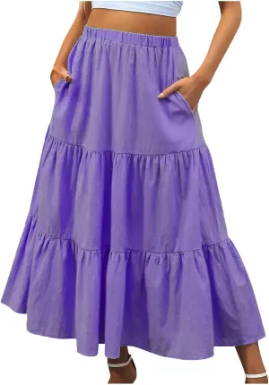 Women Maxi Boho Skirts Summer Trendy Beach Long Skirt Tiered Flowy Ruffle Skirts Casual Vacation Skirt with Pocket