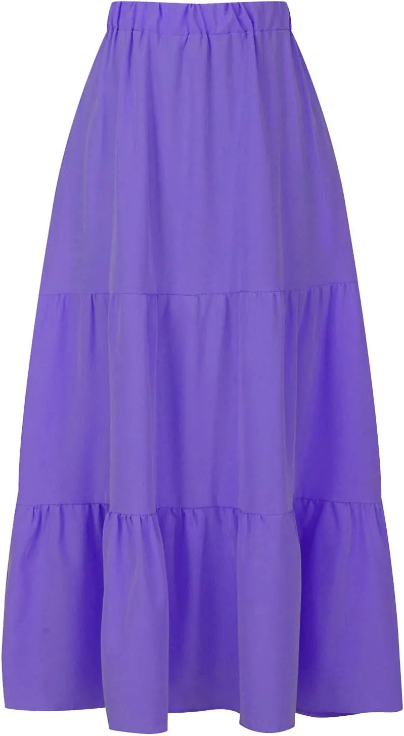 Women Maxi Boho Skirts Summer Trendy Beach Long Skirt Tiered Flowy Ruffle Skirts Casual Vacation Skirt with Pocket