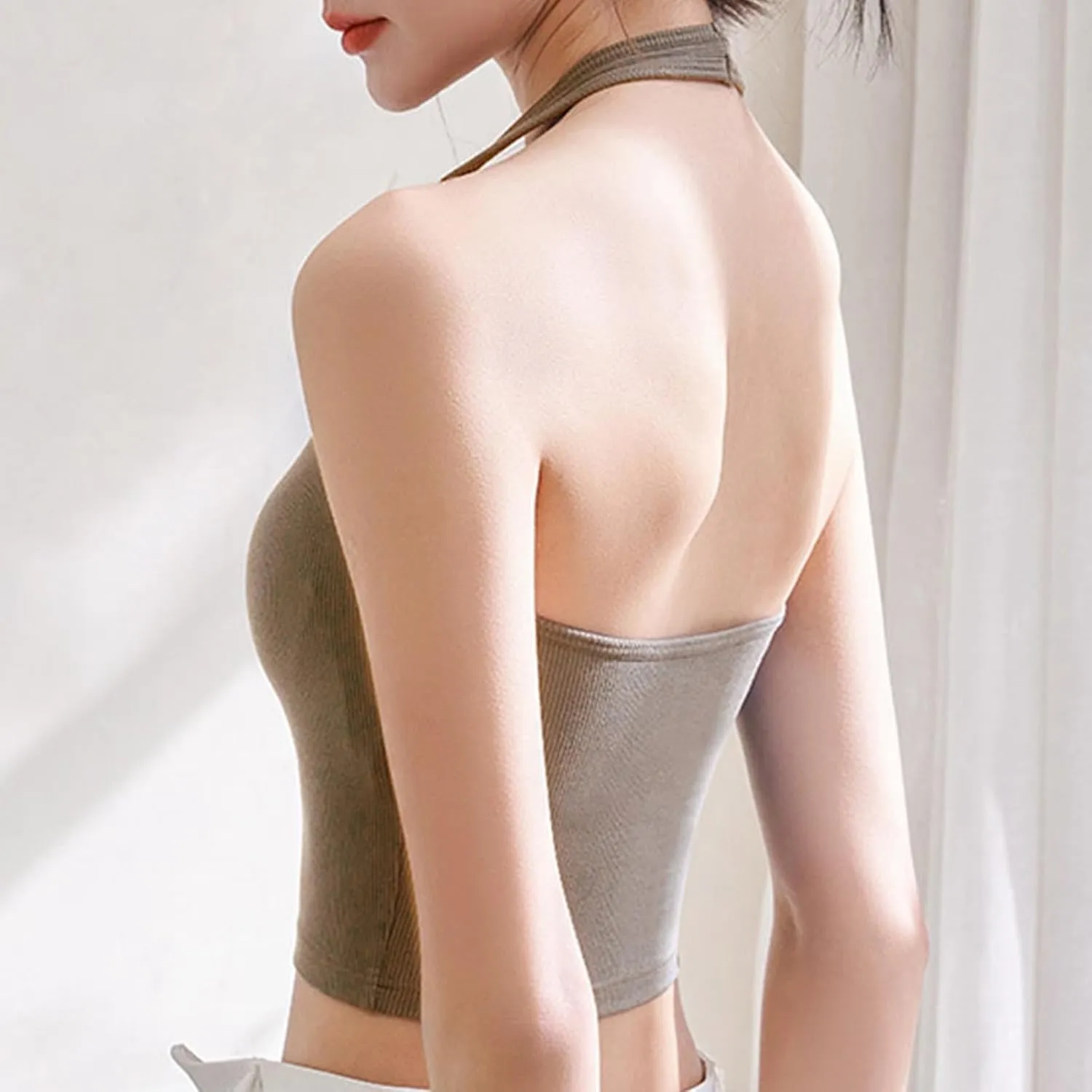 Women Ribbed Halter Crop Tops Summer Sexy Backless Scoop Neck Camisole Built in Bra Slim Fit Yoga Workout Tanks Top