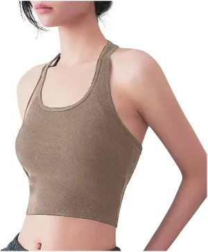 Women Ribbed Halter Crop Tops Summer Sexy Backless Scoop Neck Camisole Built in Bra Slim Fit Yoga Workout Tanks Top