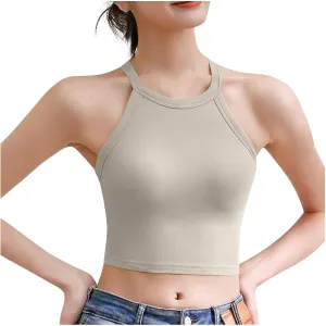 Women Ribbed Halter Yoga Tank Tops Summer Built in Bra Slim Fit Crop Camisole Casual Comfy Workout Sleeveless Shirts