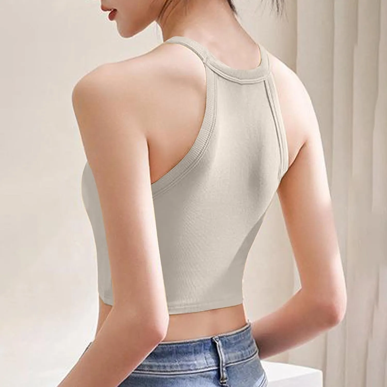 Women Ribbed Halter Yoga Tank Tops Summer Built in Bra Slim Fit Crop Camisole Casual Comfy Workout Sleeveless Shirts