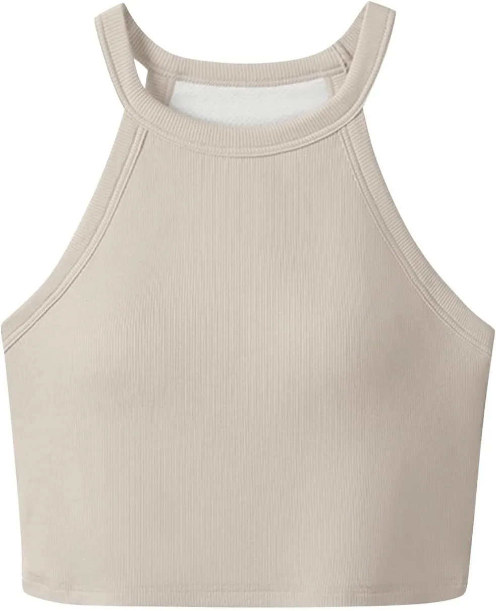Women Ribbed Halter Yoga Tank Tops Summer Built in Bra Slim Fit Crop Camisole Casual Comfy Workout Sleeveless Shirts