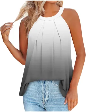 Women Sleeveless Tank Tops Casual Loose Fit Flowy Pleated Halter Cami Shirts Blouse Summer Trendy Gradient Blouse Tops