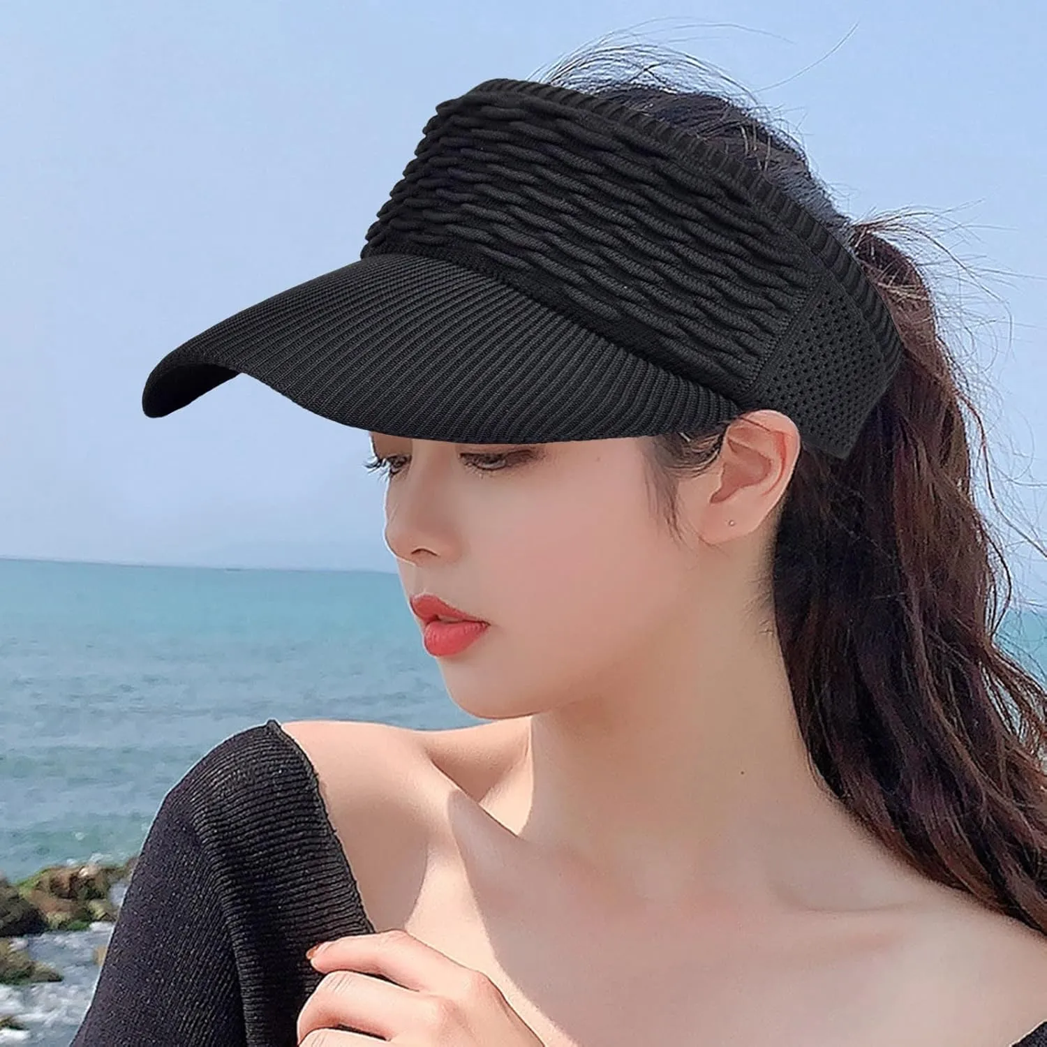Women Sun Visor Hat for Women Knitted Hats Elastic Sports Hat Empty Top Quick Drying Wide Brim Hat