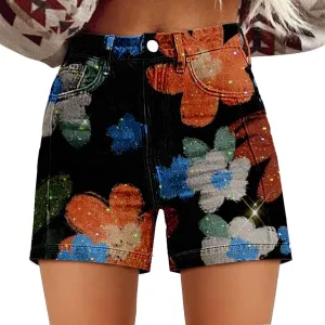 Women Twill Shorts High Waisted Stretchy Casual Vintage Floral Print Summer Jean Trendy Shorts for Women with Pockets