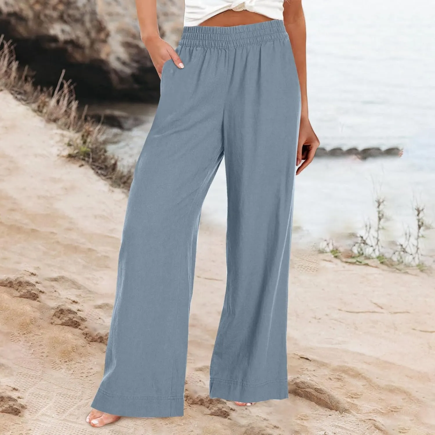 Women Wide Leg Pants High Waisted Cotton Linen Palazzo Lounge Pant Business Casual Paperbag Trousers with Pocket