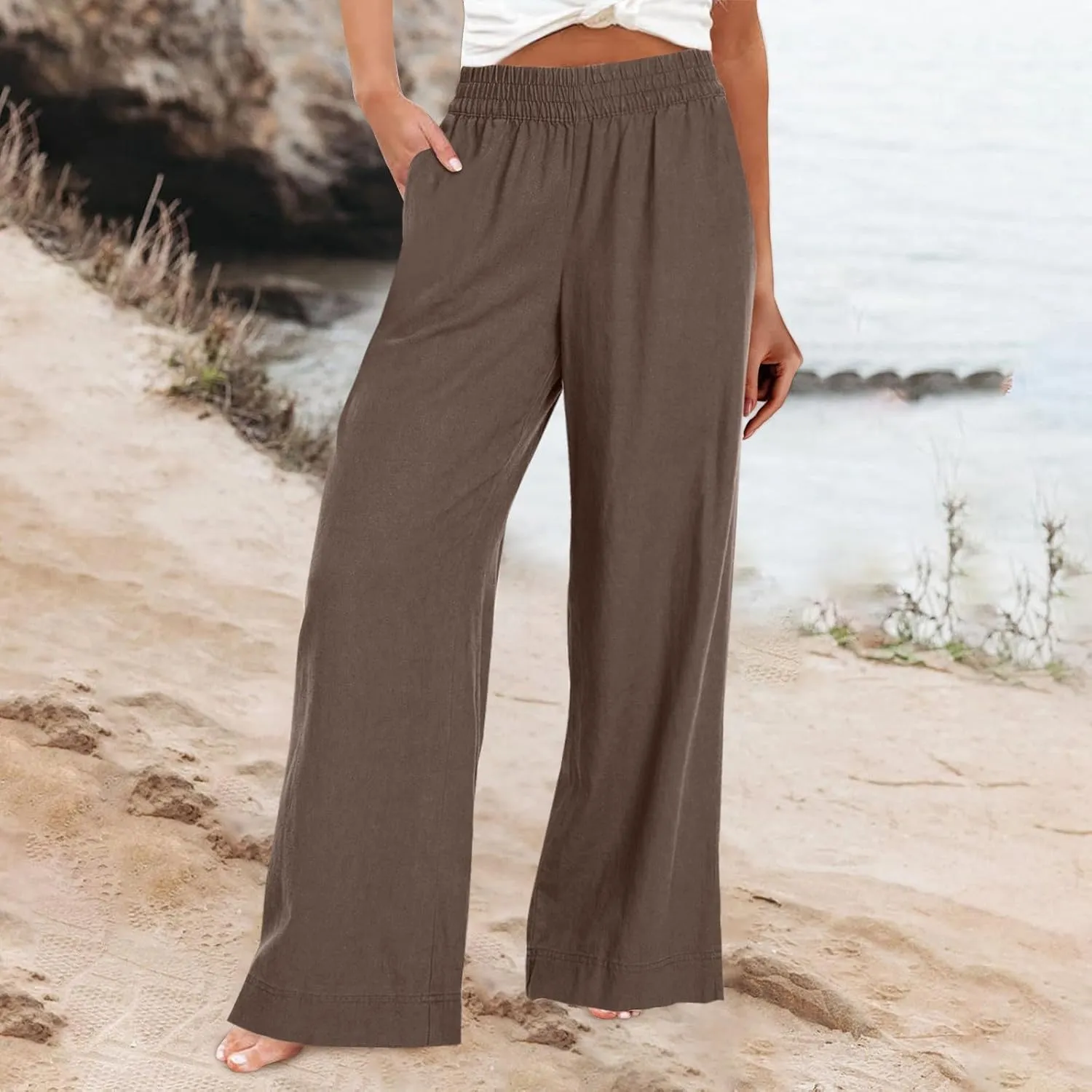 Women Wide Leg Pants High Waisted Cotton Linen Palazzo Lounge Pant Business Casual Paperbag Trousers with Pocket