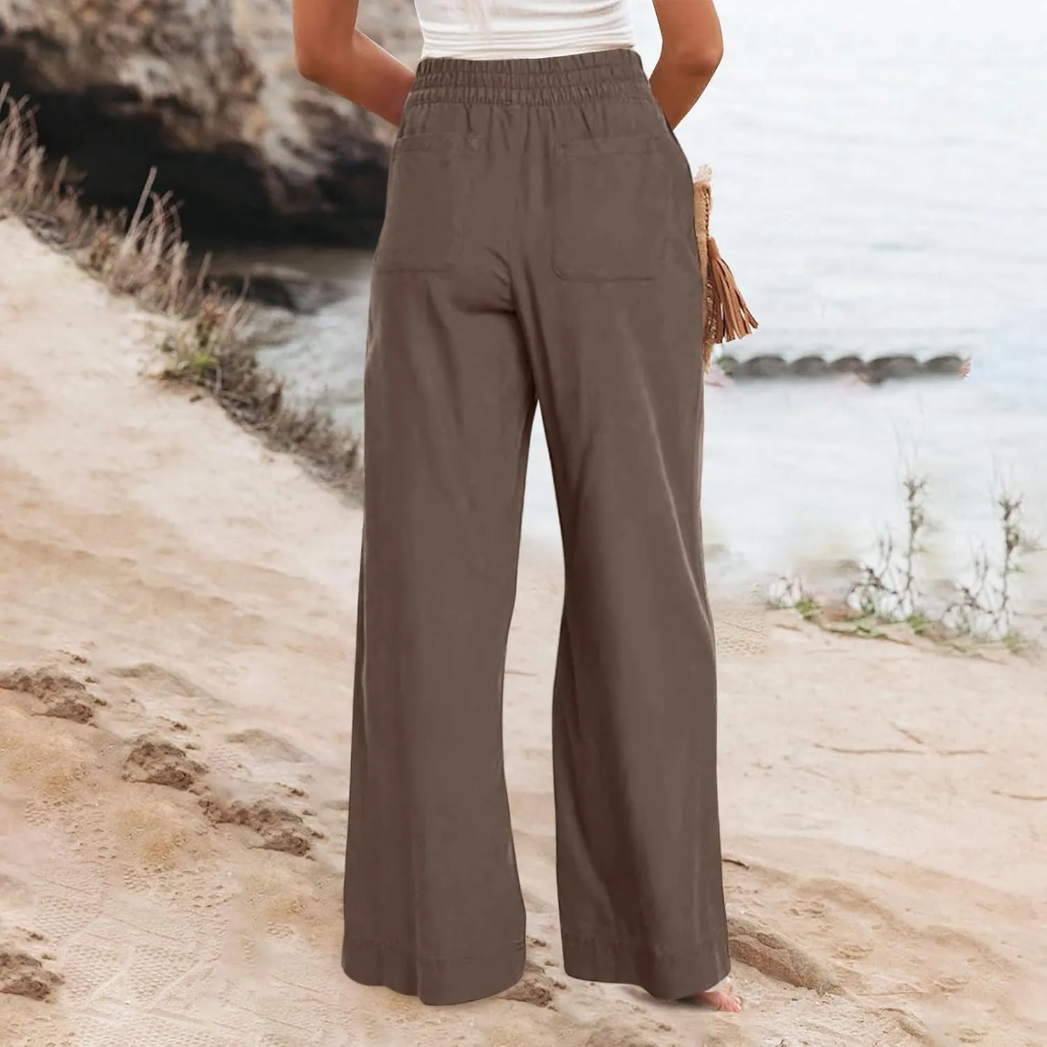 Women Wide Leg Pants High Waisted Cotton Linen Palazzo Lounge Pant Business Casual Paperbag Trousers with Pocket