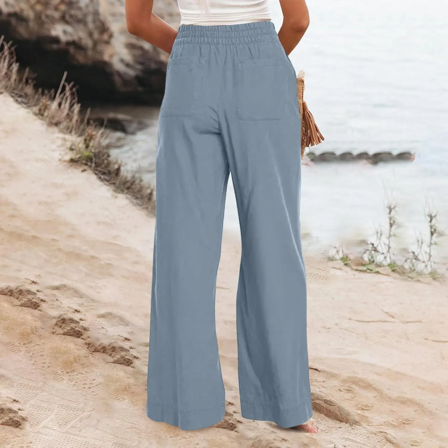 Women Wide Leg Pants High Waisted Cotton Linen Palazzo Lounge Pant Business Casual Paperbag Trousers with Pocket