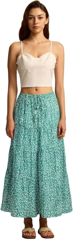 Women's 2025 Spring Summer High Waist Boho Floral Maxi Skirt Casual Flowy Swing Pleated A Line Beach Long Maxi Skirts