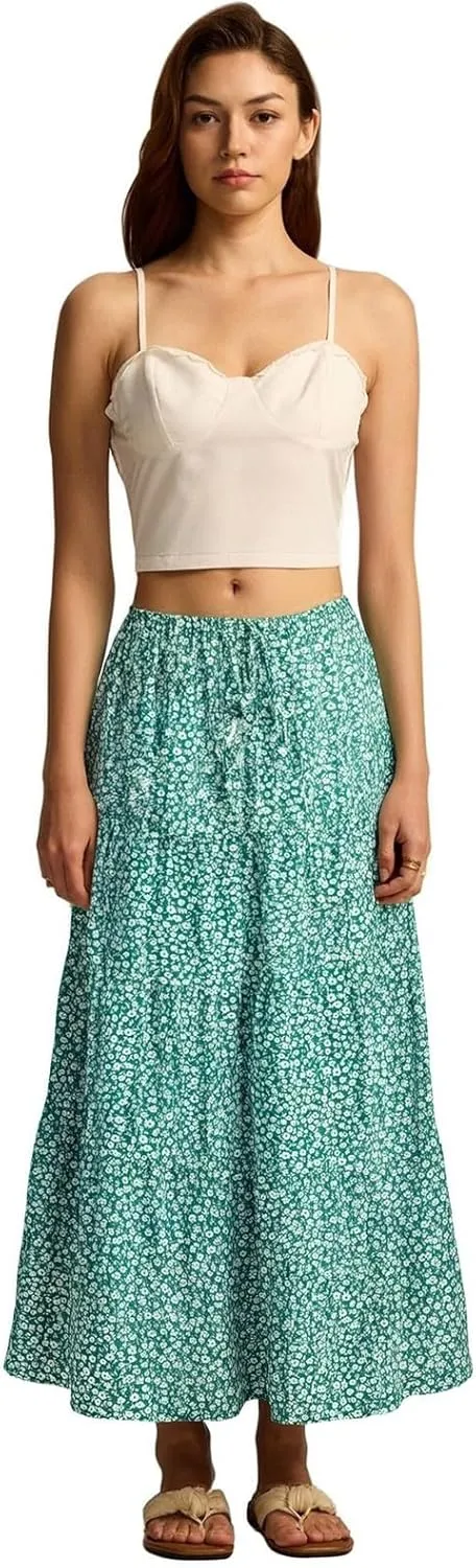 Women's 2025 Spring Summer High Waist Boho Floral Maxi Skirt Casual Flowy Swing Pleated A Line Beach Long Maxi Skirts