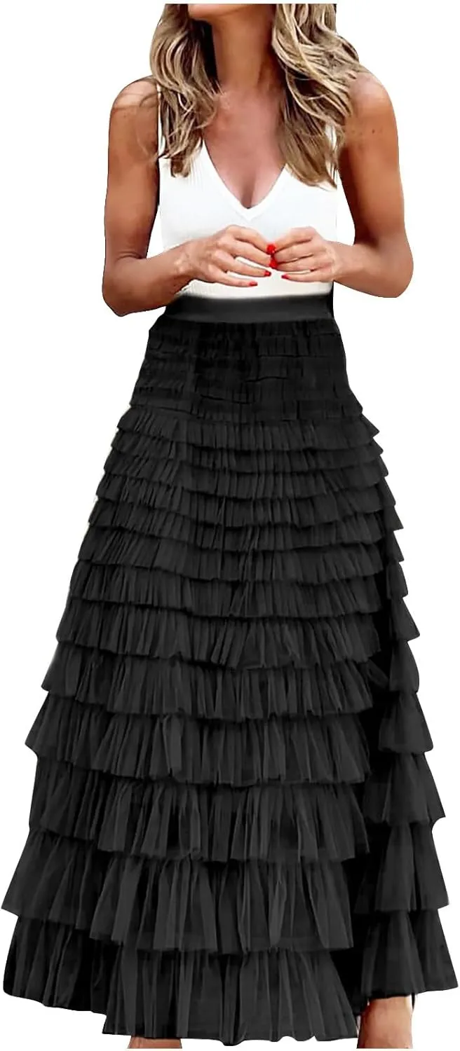 Women's A Line Pleated Skirt Casual Fashion Ruffle Mesh Vintage Chiffon High Waist Flowy Floor Length Bubble Skirts