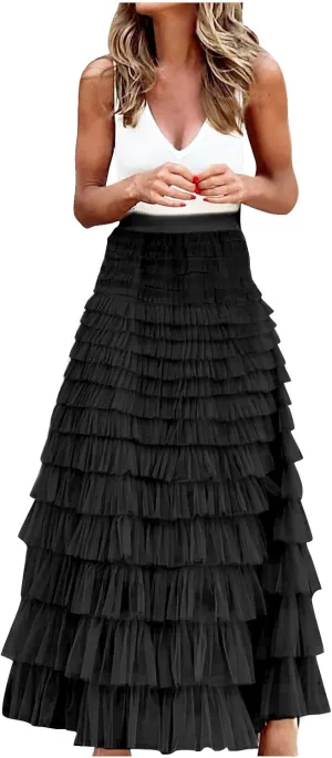 Women's A Line Pleated Skirt Casual Fashion Ruffle Mesh Vintage Chiffon High Waist Flowy Floor Length Bubble Skirts
