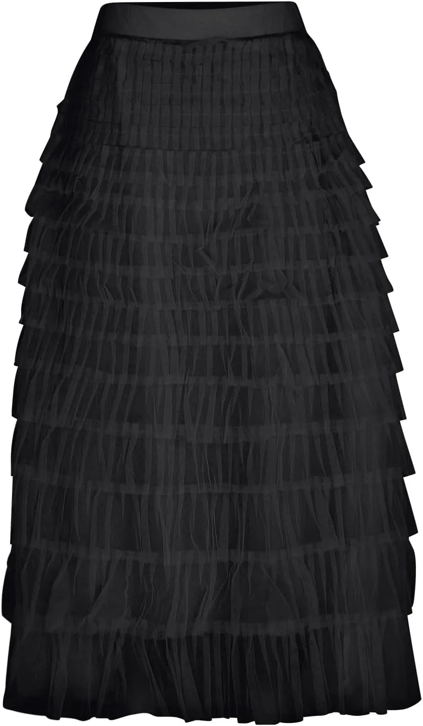 Women's A Line Pleated Skirt Casual Fashion Ruffle Mesh Vintage Chiffon High Waist Flowy Floor Length Bubble Skirts