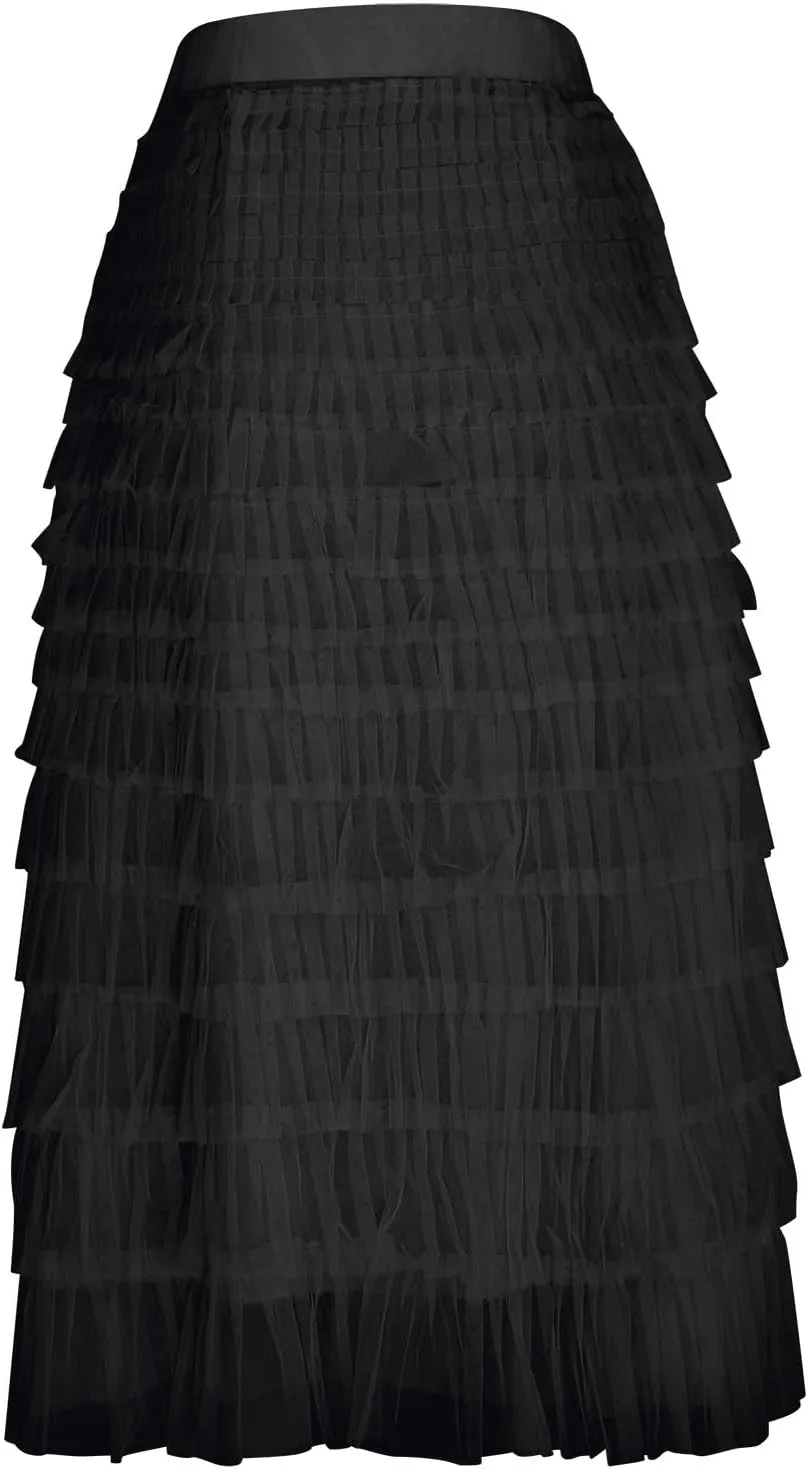 Women's A Line Pleated Skirt Casual Fashion Ruffle Mesh Vintage Chiffon High Waist Flowy Floor Length Bubble Skirts