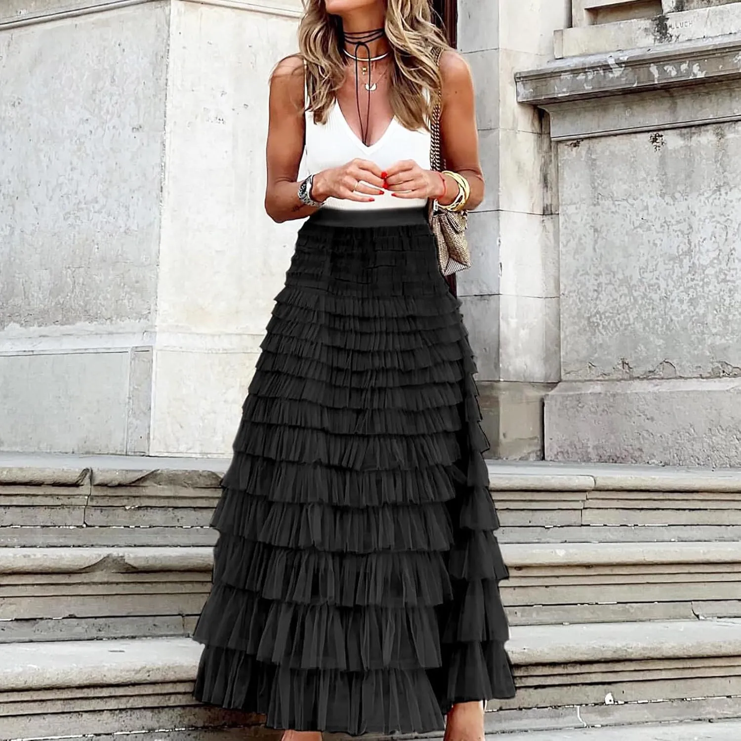 Women's A Line Pleated Skirt Casual Fashion Ruffle Mesh Vintage Chiffon High Waist Flowy Floor Length Bubble Skirts