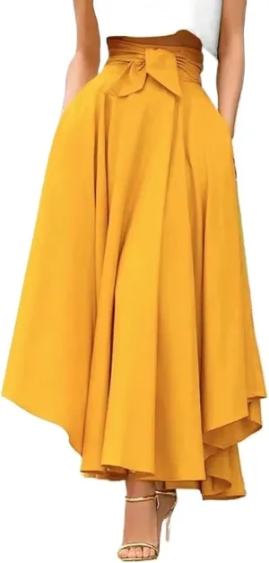 Women's Basic Split Thigh A-Line High Waist Tie Belt Long Skirt Casual Natural Belted Casual Skirts