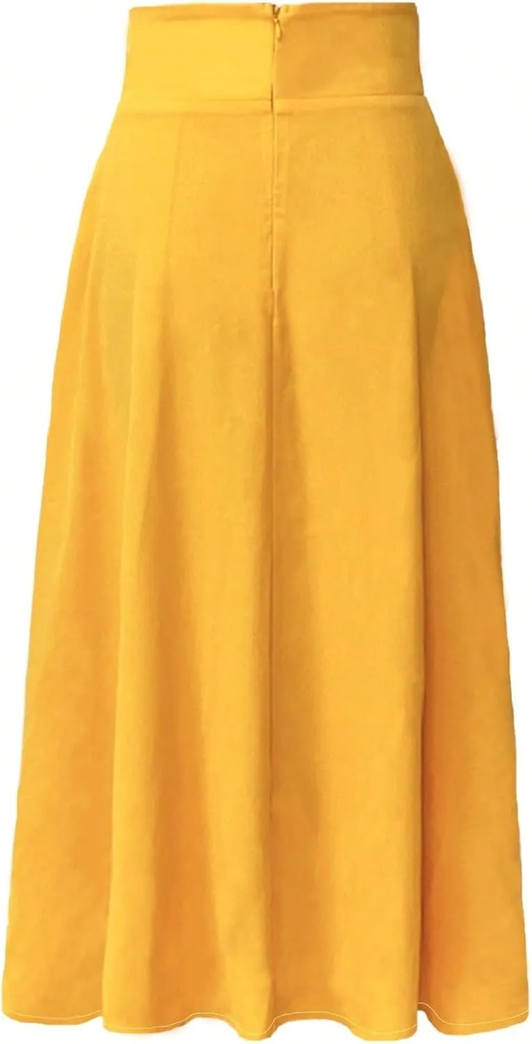 Women's Basic Split Thigh A-Line High Waist Tie Belt Long Skirt Casual Natural Belted Casual Skirts