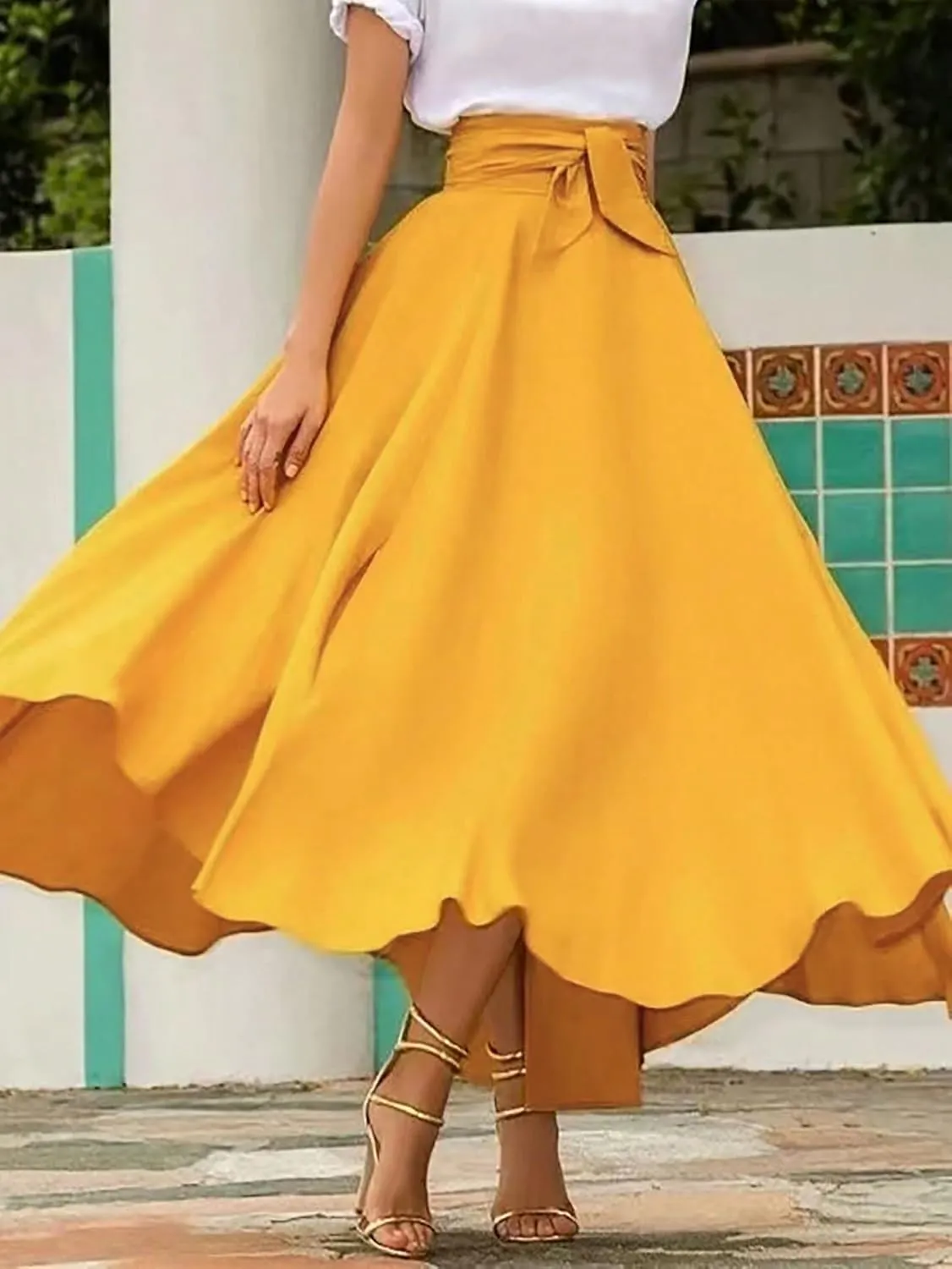 Women's Basic Split Thigh A-Line High Waist Tie Belt Long Skirt Casual Natural Belted Casual Skirts