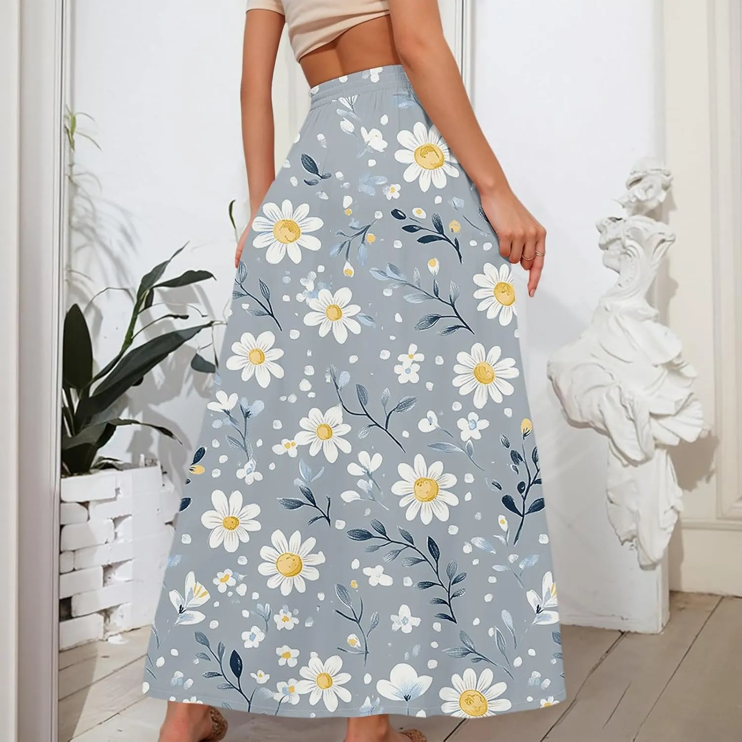 Women's Boho Floral Print Elastic Waist Beach Resort A Line Maxi Skirt with Pocket, S-2XL