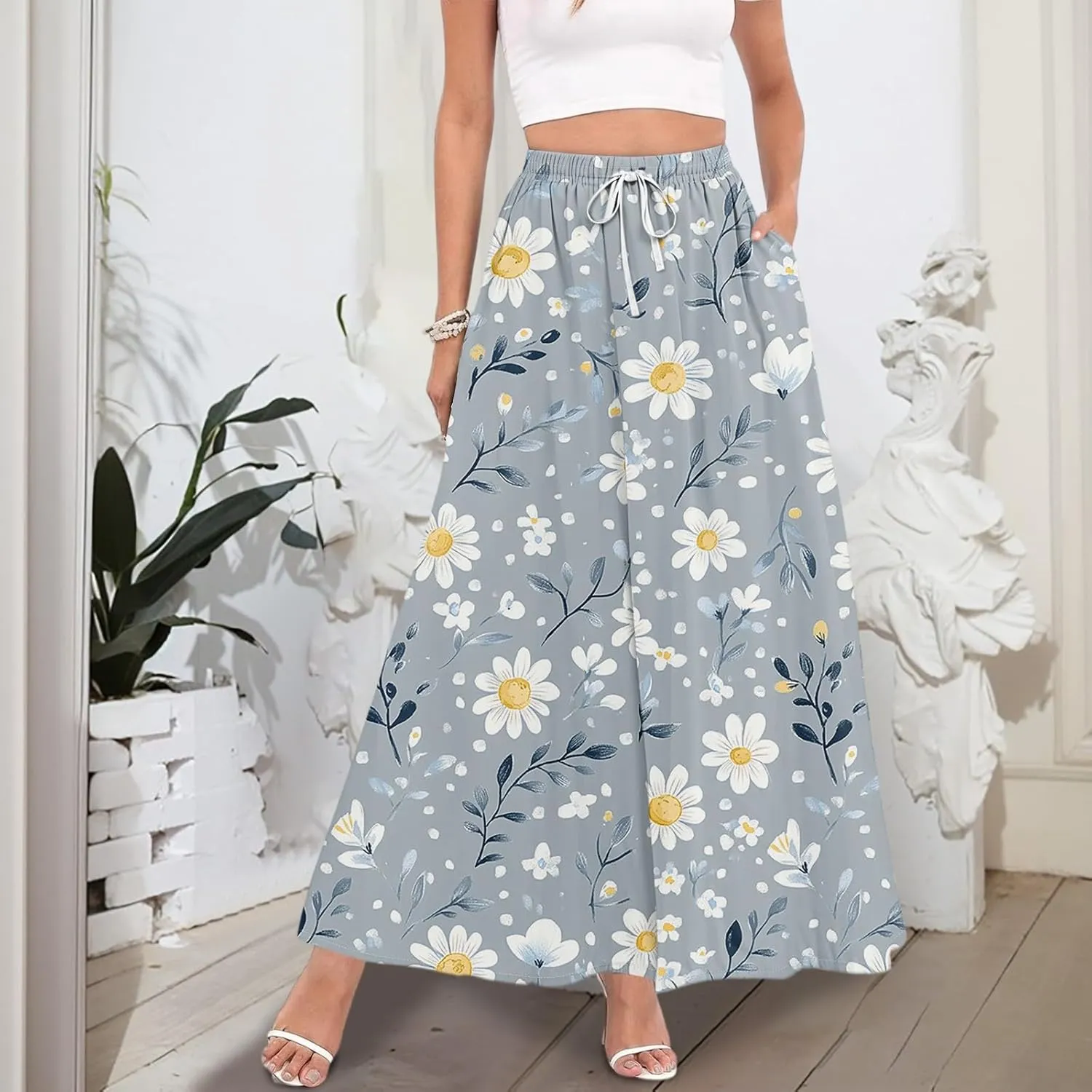 Women's Boho Floral Print Elastic Waist Beach Resort A Line Maxi Skirt with Pocket, S-2XL