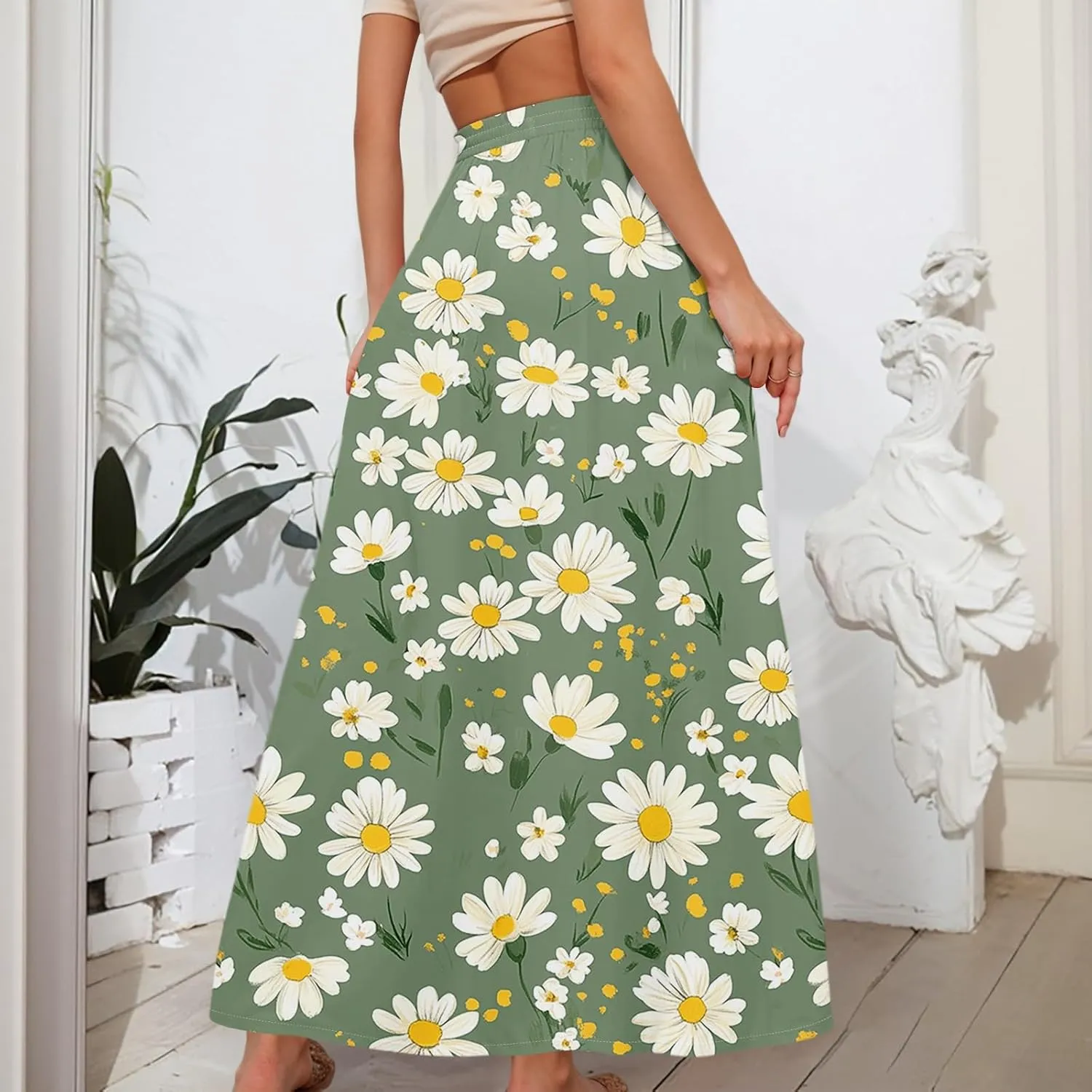 Women's Boho Floral Print Elastic Waist Beach Resort A Line Maxi Skirt with Pocket, S-2XL