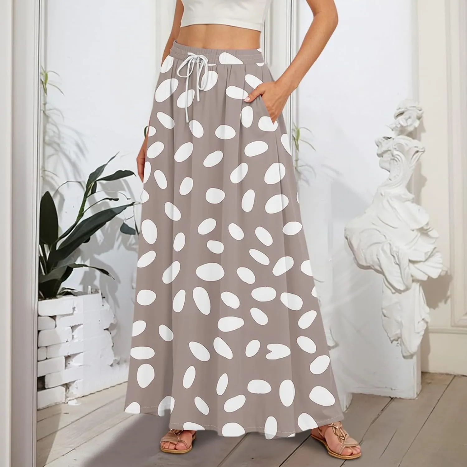 Women's Boho Floral Print Elastic Waist Beach Resort A Line Maxi Skirt with Pocket, S-2XL