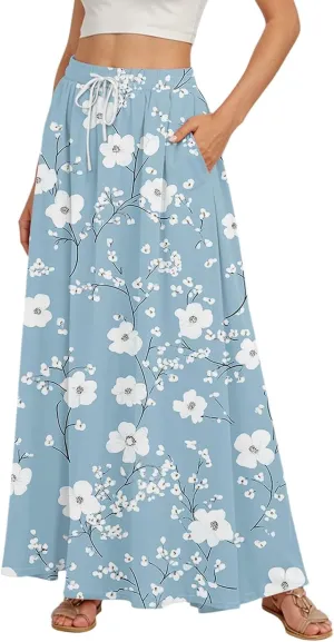 Women's Boho Floral Print Elastic Waist Beach Resort A Line Maxi Skirt with Pocket, S-2XL