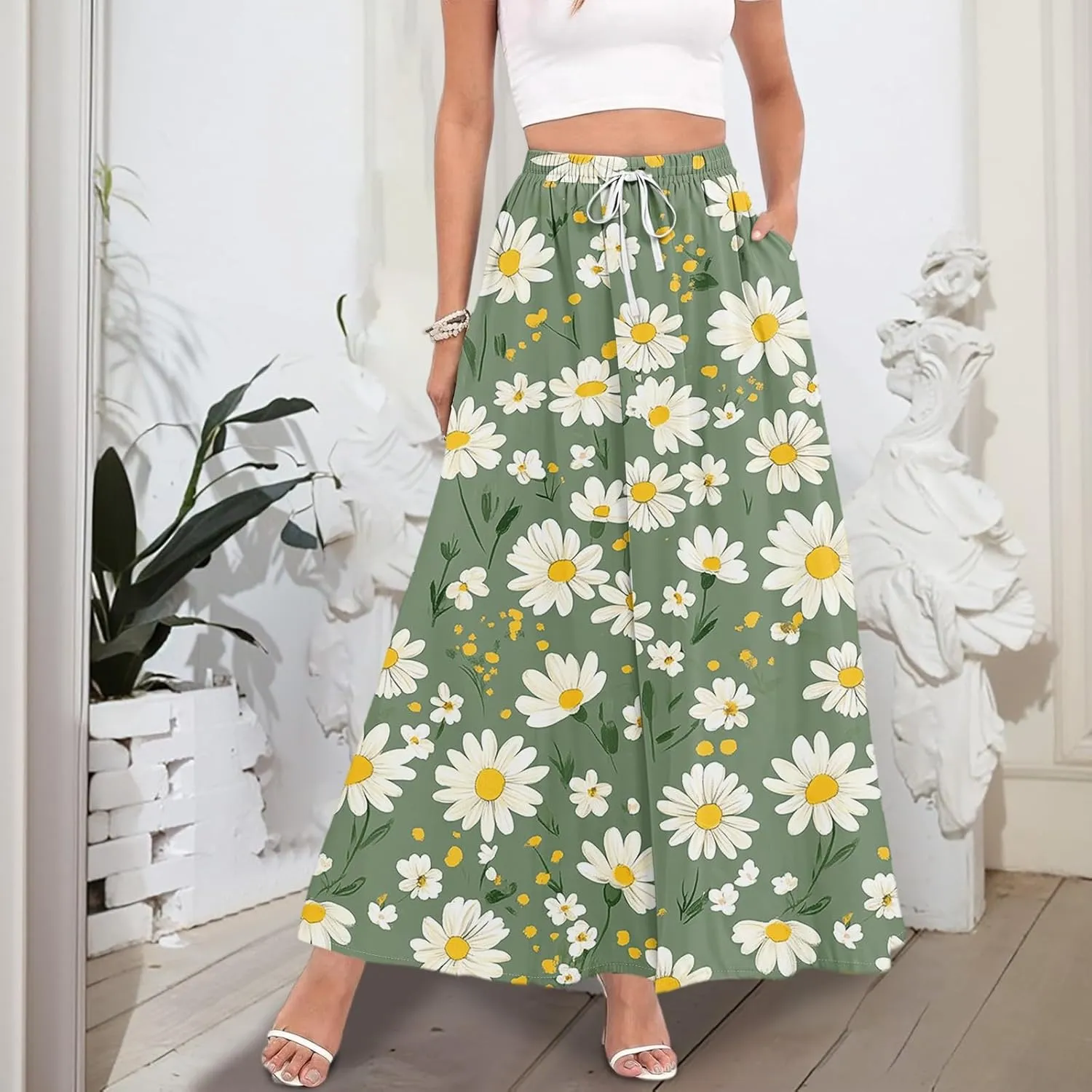 Women's Boho Floral Print Elastic Waist Beach Resort A Line Maxi Skirt with Pocket, S-2XL