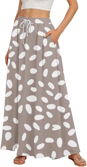 Women's Boho Floral Print Elastic Waist Beach Resort A Line Maxi Skirt with Pocket, S-2XL