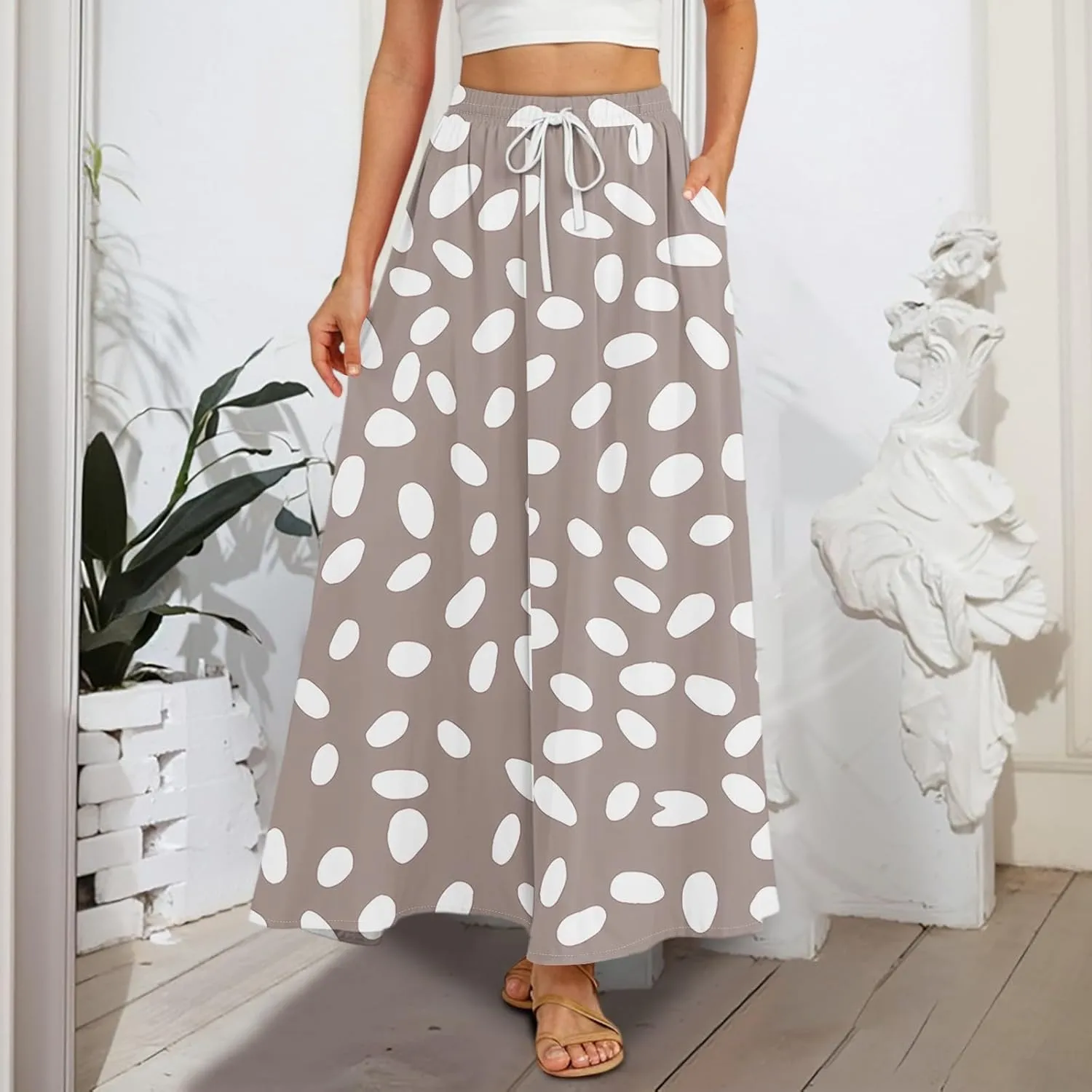 Women's Boho Floral Print Elastic Waist Beach Resort A Line Maxi Skirt with Pocket, S-2XL