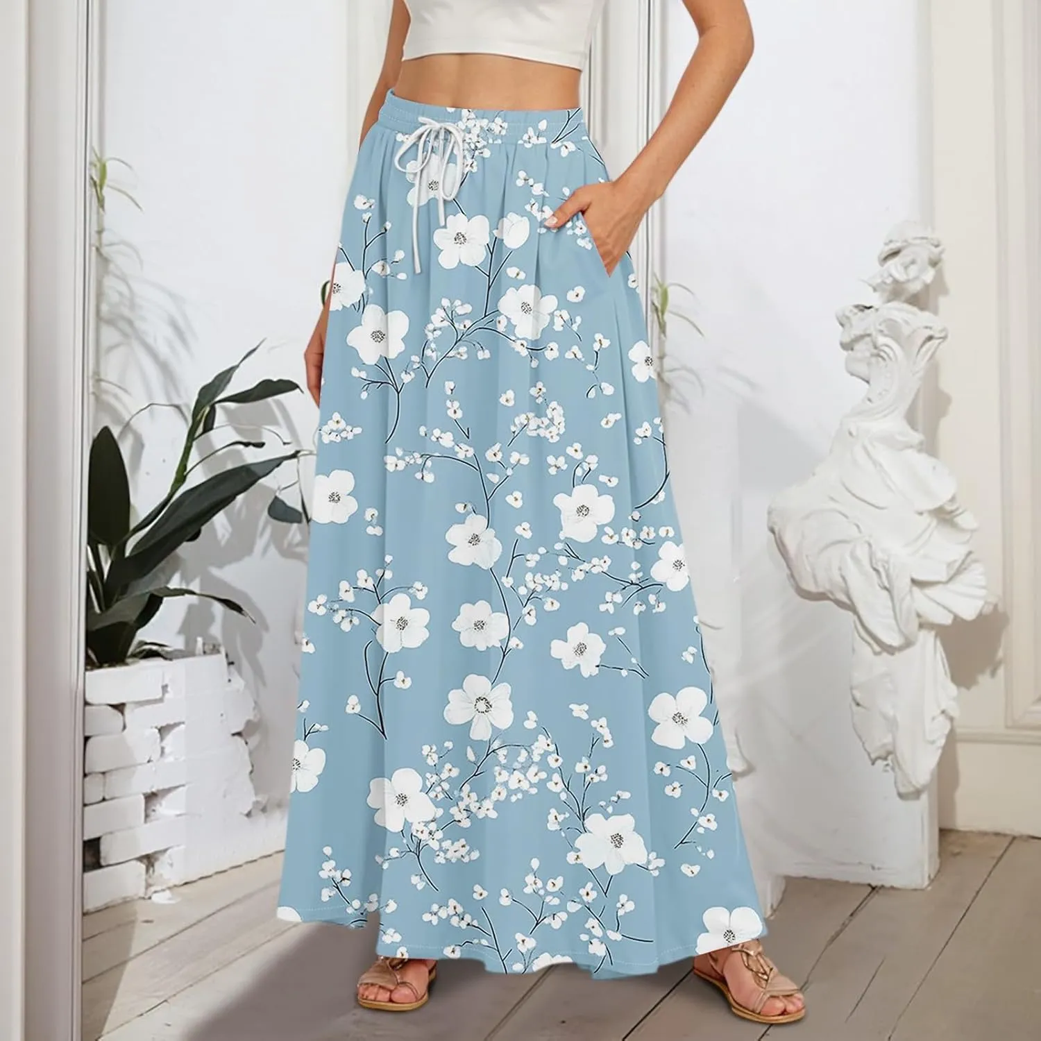 Women's Boho Floral Print Elastic Waist Beach Resort A Line Maxi Skirt with Pocket, S-2XL